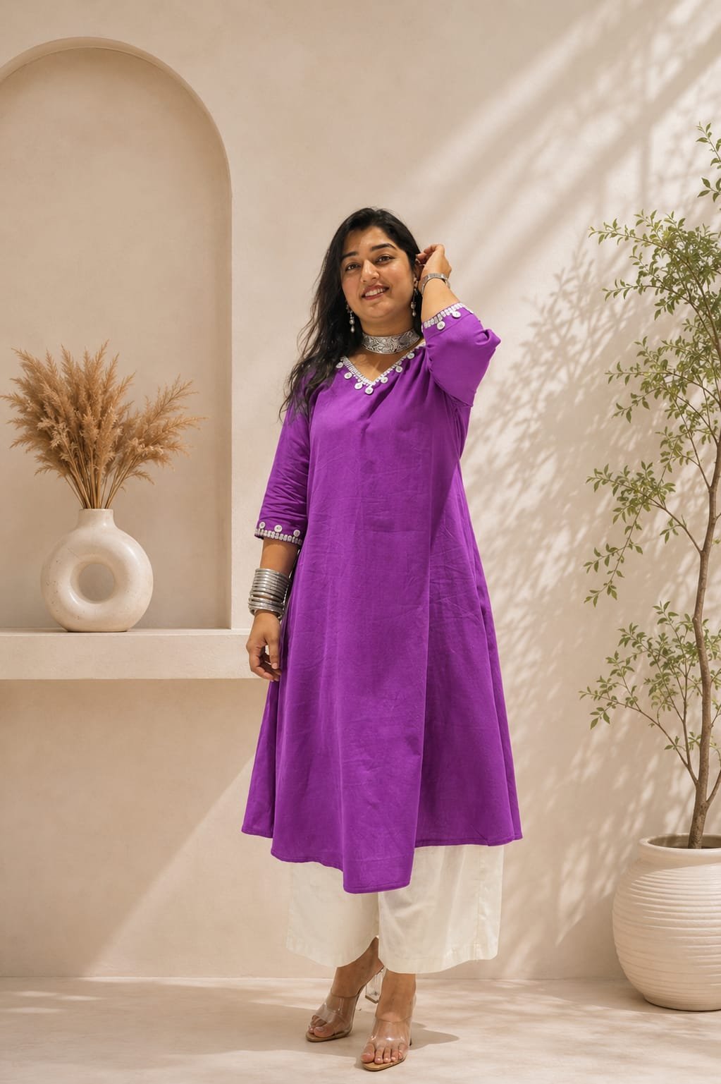 Model wearing a purple Creative Fashion by Himani kurti